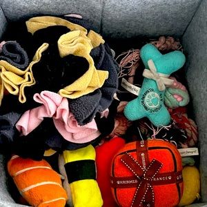 Dog toys. Bin including 15 used dog toys for small dog.